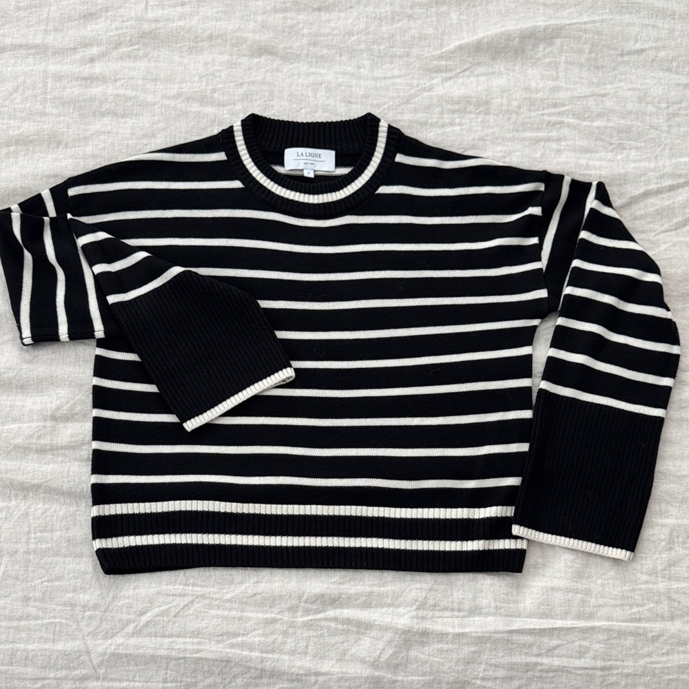 La Ligne Black and Cream Striped Crewneck Sweater, S